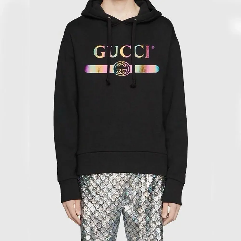 New With Tags Gucci Metallic Logo Print Pullover Black Hoodie Size L $1280.00